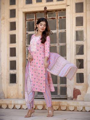 - peach cotton printed kurta dupatta set 2