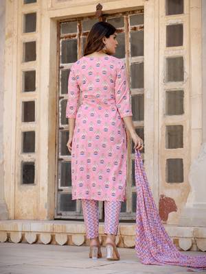 - peach cotton printed kurta dupatta set 3