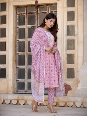 - peach cotton printed kurta dupatta set 5