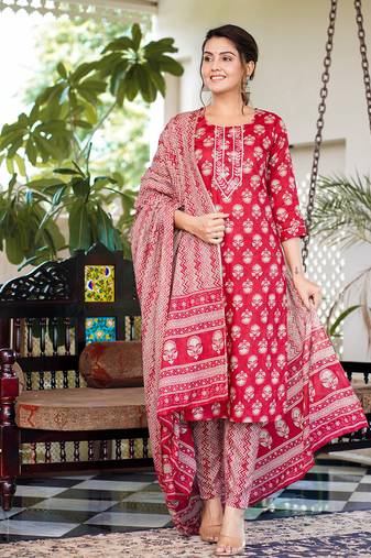 Yufta women pink embroidery straight kurta trouser and dupatta set