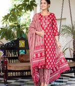women pink embroidery straight kurta trouser and dupatta set