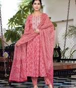 Yufta women red pure cotton anarkali trouser and dupatta set