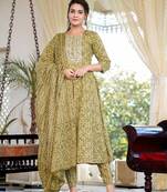  green pure cotton anarkali trouser and dupatta set