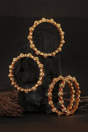Set of 4 gold plated red and green stone -studded handcrafted bangles