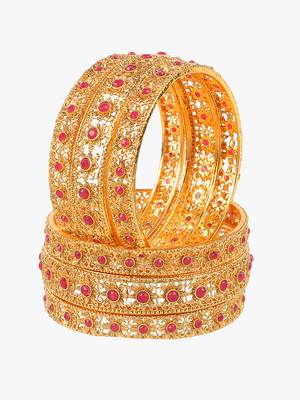 Women set of 6 gold plated red stone -studded handcrafted bangles 2