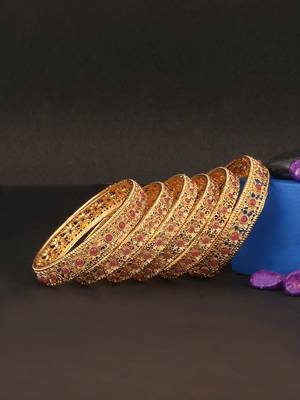 Women set of 6 gold plated red stone -studded handcrafted bangles 1