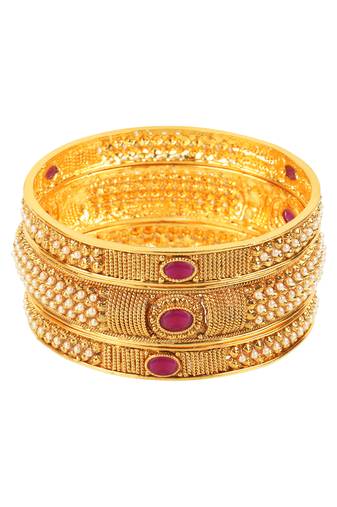 Women set of 6 gold plated red stone -studded handcrafted bangles