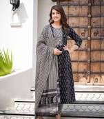 Yufta women black pure cotton anarkali trouser and dupatta set