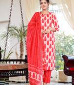 Yufta women red pure cotton straight kurta trouser and dupatta set