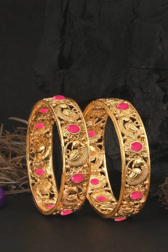 Women set of 2 gold plated pink stone -studded handcrafted bangles