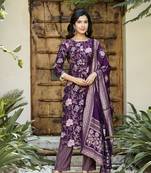 women purple chanderi silk straight kurta harem pants and dupatta set