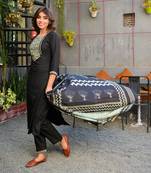 women black & beige yoke design kurta with trousers & dupatta