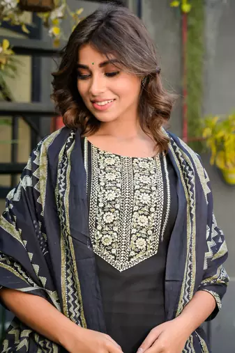 women black & beige yoke design kurta with trousers & dupatta