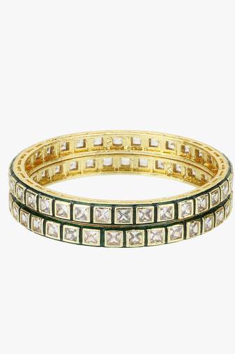 Set of 2 gold plated green & white kundan handcrafted bangles