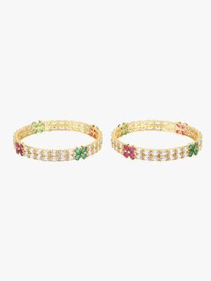 Set of 2 gold plated green, pink & white cz stone handcrafted bangles 1