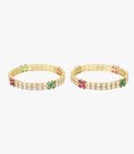 Set of 2 gold plated green, pink & white cz stone handcrafted bangles