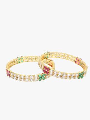 Set of 2 gold plated green, pink & white cz stone handcrafted bangles 2