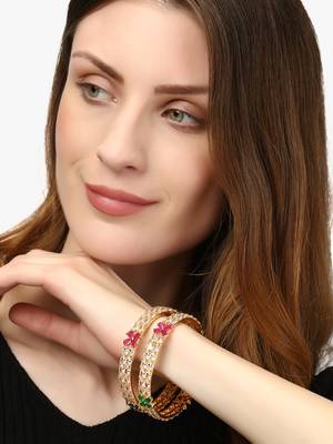 Set of 2 gold plated green, pink & white cz stone handcrafted bangles 3