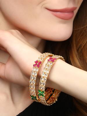 Set of 2 gold plated green, pink & white cz stone handcrafted bangles 4