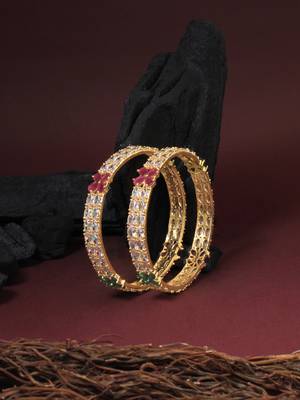 Set of 2 gold plated green, pink & white cz stone handcrafted bangles 5