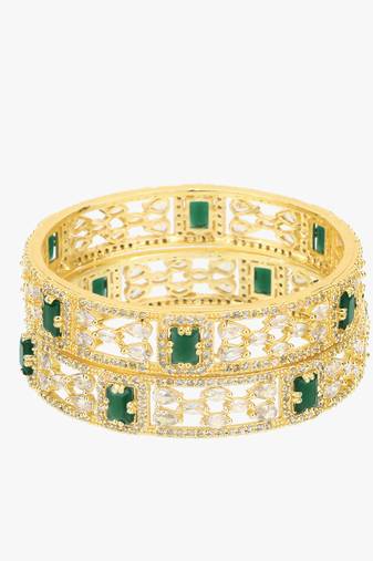 Set of 2 gold plated green & white cz stone handcrafted bangles