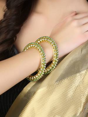 Women gold-plated luk kundan golden-pearl set of 2 bangles 2