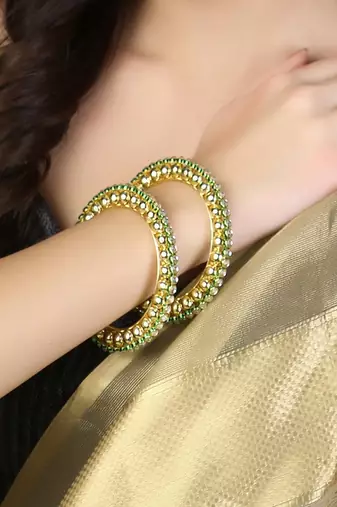 Women gold-plated luk kundan golden-pearl set of 2 bangles