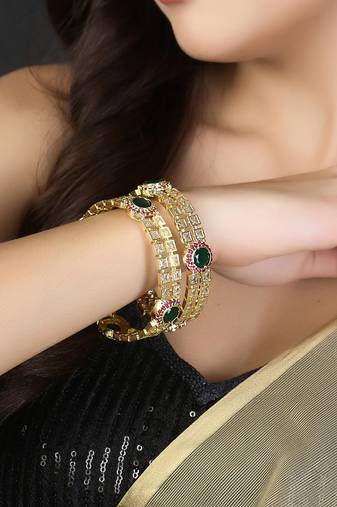 Women gold-plated diamonds stone-studded set of two bangles