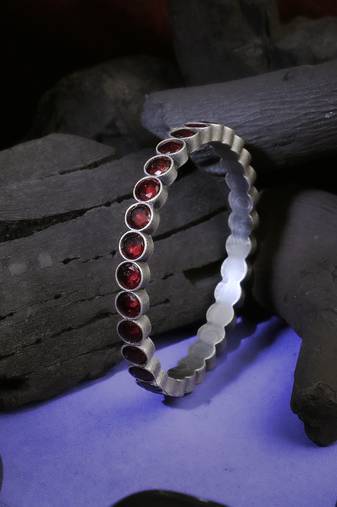 Women oxidised silver plated red stone-studded bangles