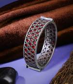 Women oxidised silver plated red stone-studded bangles