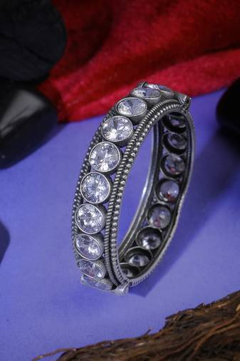 Women oxidised silver plated stone-studded pearl-beaded bangles