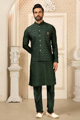 Green nehru jacket kurta pajama 3pc set modi style jacket 1