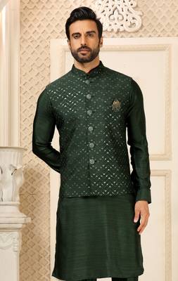 Green nehru jacket kurta pajama 3pc set modi style jacket 2