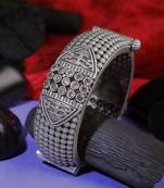 Women oxidised silver plated stone-studded flower design bangles