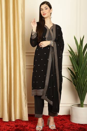 Stylee lifestyle black georgette embroidered dress material