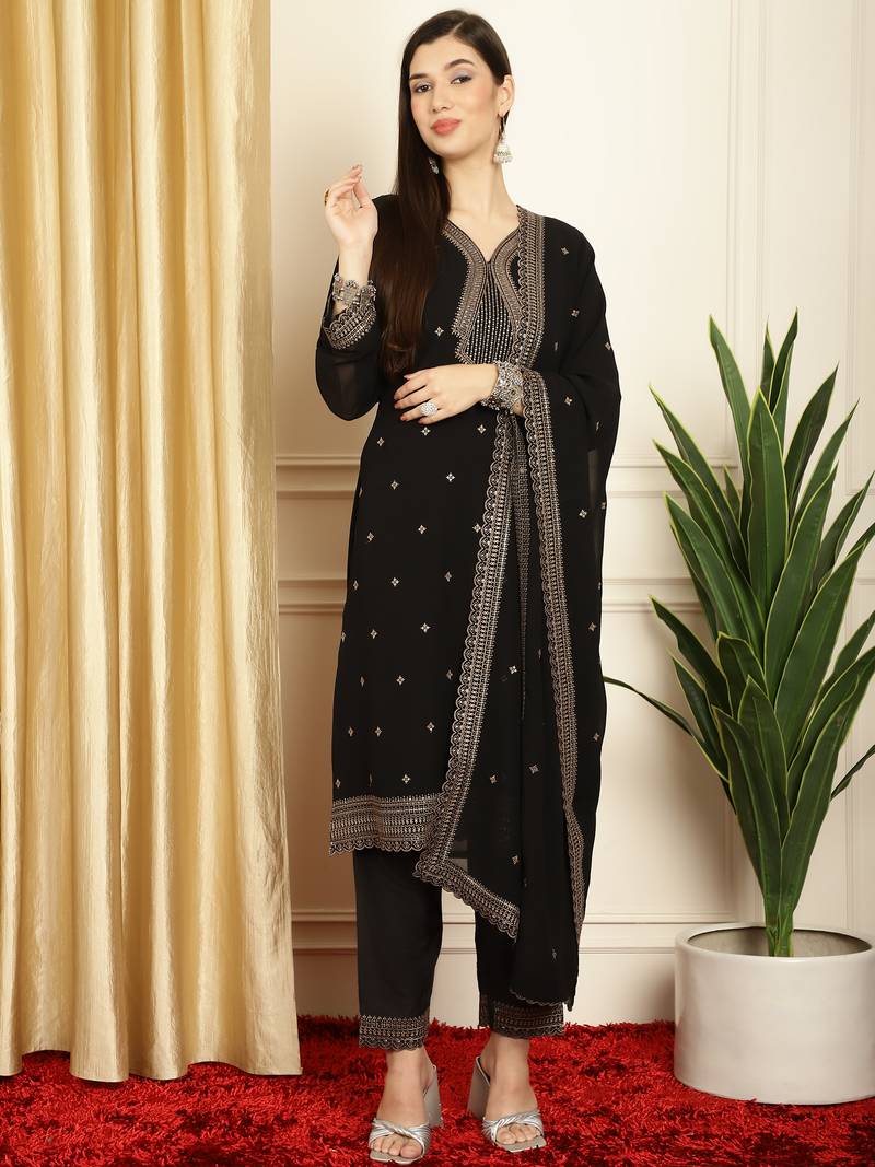 Stylee lifestyle black georgette embroidered dress material