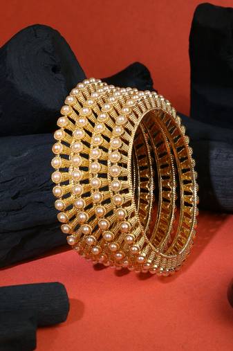 Women gold-plated white pearl-studded bangles