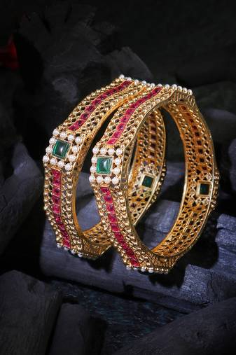 Women gold-plated pink and green stone-studded pearl-beaded bangles