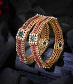 Women gold-plated pink and green stone-studded pearl-beaded bangles