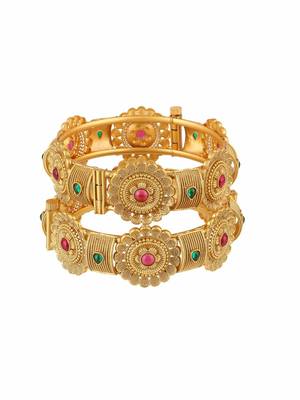 Women gold-plated pink and green stone-studded bangles 2