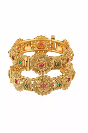 Women gold-plated pink and green stone-studded bangles