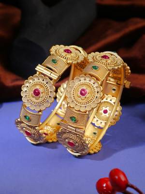 Women gold-plated pink and green stone-studded bangles 1