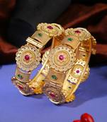 Women gold-plated pink and green stone-studded bangles