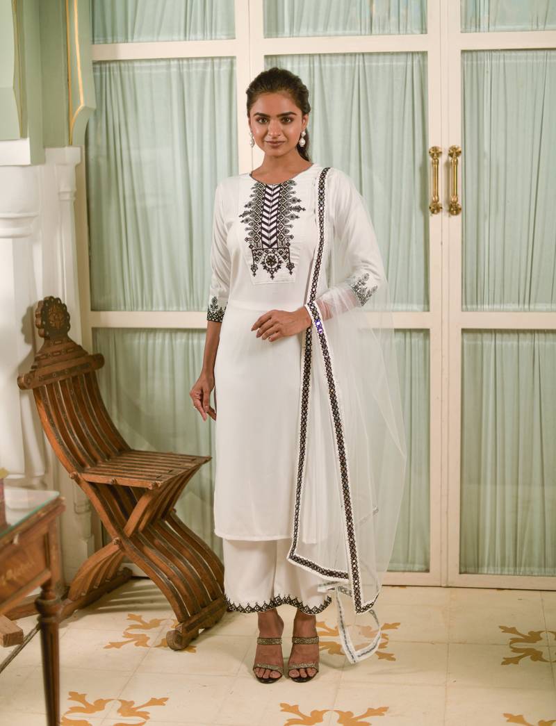 Clemira White Color Embroidered Women'S Kurta Palazzo Dupatta Set