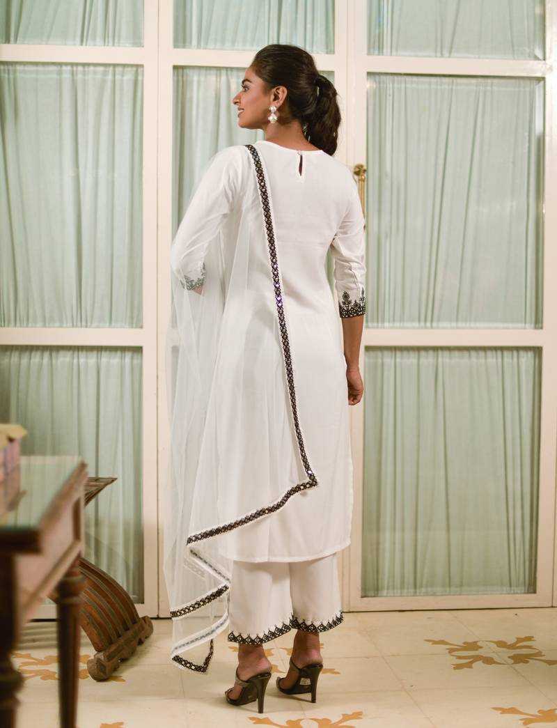 Clemira White Color Embroidered Women'S Kurta Palazzo Dupatta Set
