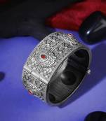 Women oxidised silver plated stone-studded temple bangles
