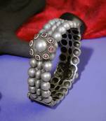 Women oxidised silver plated stone-studded pearl-beaded bangles
