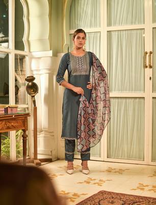 Clemira Grey Color Embroidered Women'S Kurta Palazzo Dupatta Set 1