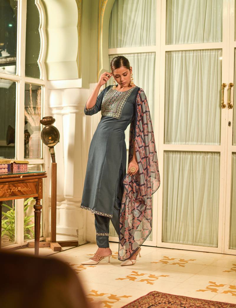 Clemira Grey Color Embroidered Women'S Kurta Palazzo Dupatta Set