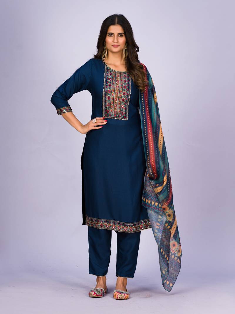 Clemira Dark Blue Color Embroidered Women'S Kurta Palazzo Dupatta Set